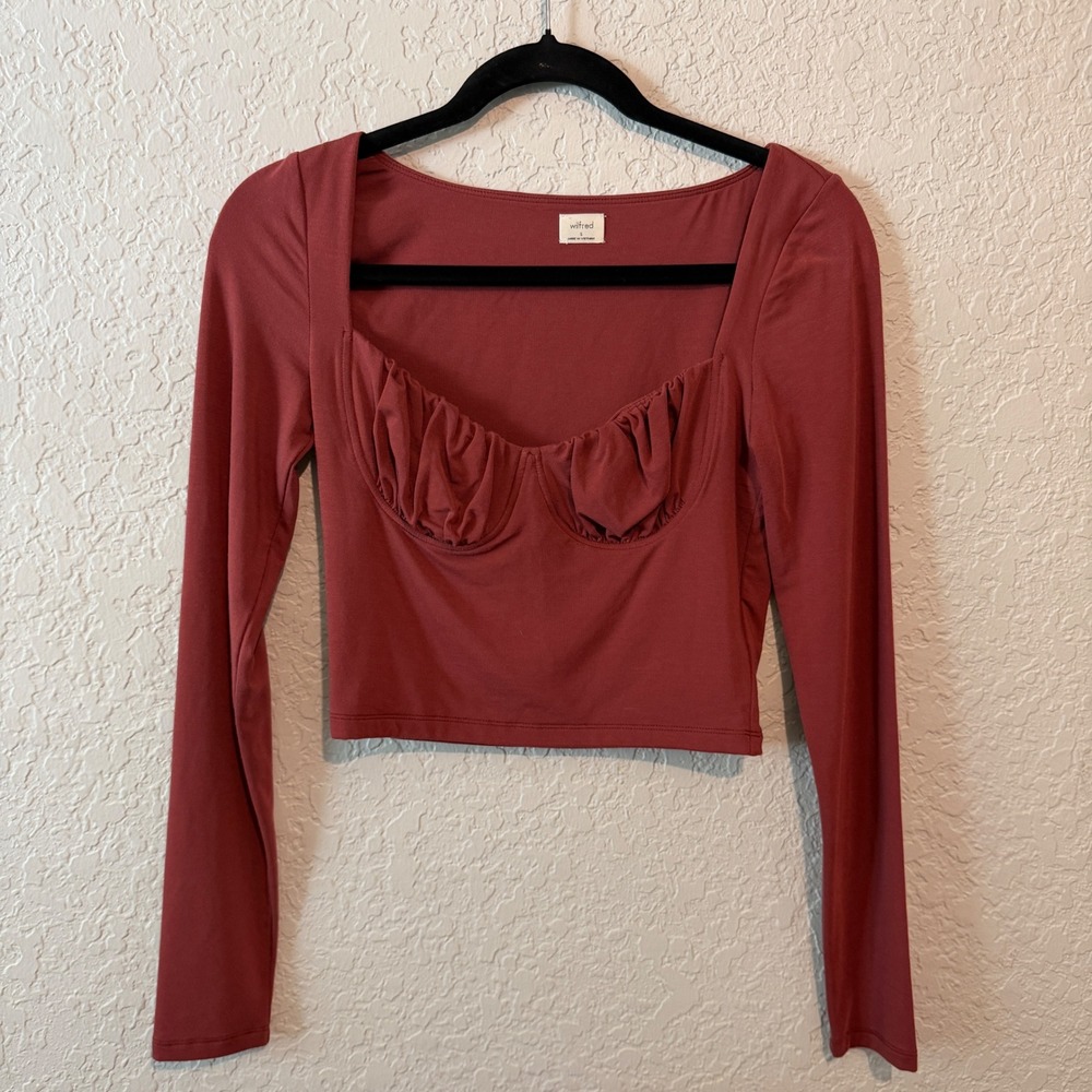Wilfred Aritzia Rosey Ruched Long Sleeve Top Small Terracotta Coquette